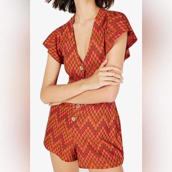 Free People Pants - Free People Printed Button Front Romper Red Combo Boho Festival | Size L